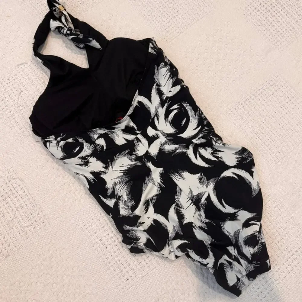 Spanx 12 Decadent Decollete Vortex print halter one piece swimsuit SW 2866